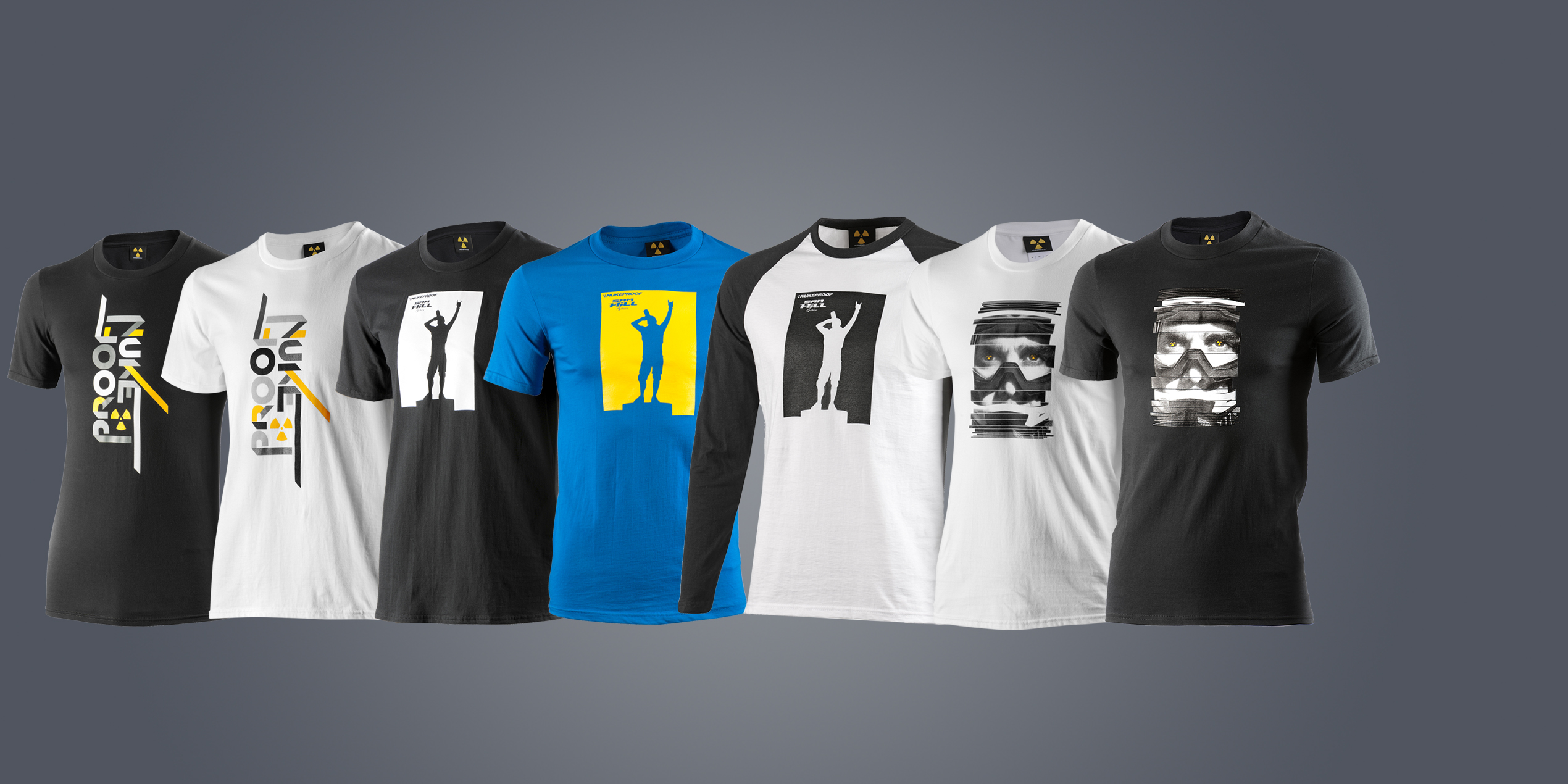Rack of blue/white patterned tees