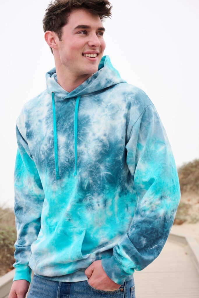 Man in tie-dye blue hoodie