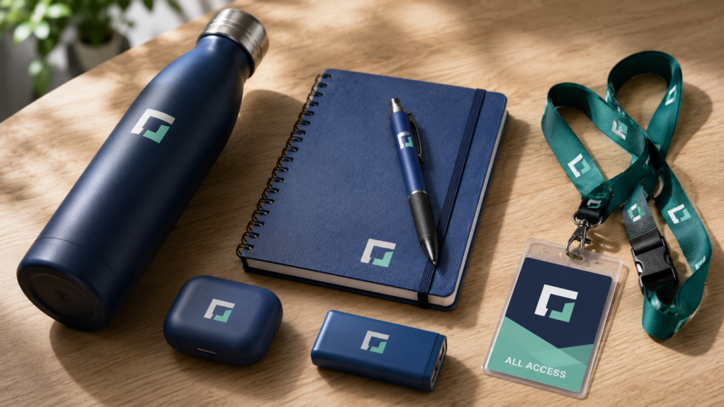 Navy tumbler, notebook, and pen set — "Branded corporate gift set with custom logo notebook and tumbler"